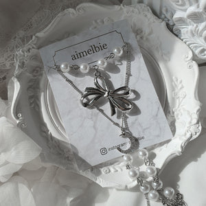 [BABYMONSTER Ahyeon, Luka Necklace] Princess Bow and Moon Layered Necklace - Silver Color