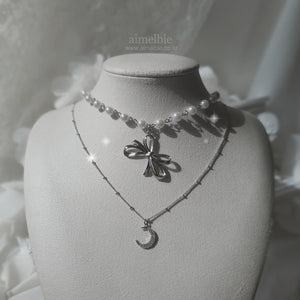 [BABYMONSTER Ahyeon, Luka Necklace] Princess Bow and Moon Layered Necklace - Silver Color