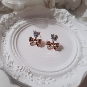 [Chuu Earrings] Heart Crystal and Ribbon Earrings - Rosegold