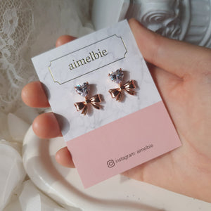 [Chuu Earrings] Heart Crystal and Ribbon Earrings - Rosegold