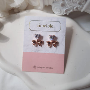 [Chuu Earrings] Heart Crystal and Ribbon Earrings - Rosegold