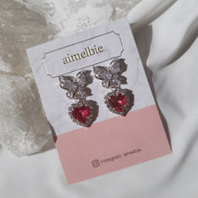 Load image into Gallery viewer, Butterfly and Crystal Heart Earrings - Rosepink