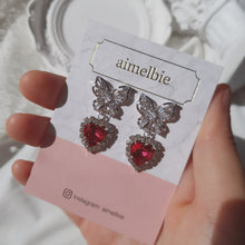 Load image into Gallery viewer, Butterfly and Crystal Heart Earrings - Rosepink