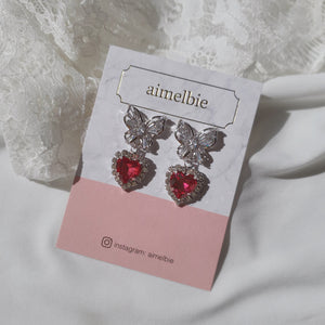 Butterfly and Crystal Heart Earrings - Rosepink