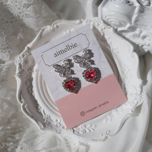 Butterfly and Crystal Heart Earrings - Rosepink