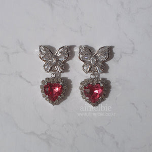 Butterfly and Crystal Heart Earrings - Rosepink