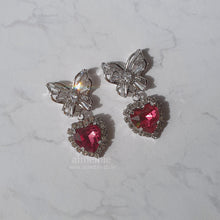 Load image into Gallery viewer, Butterfly and Crystal Heart Earrings - Rosepink