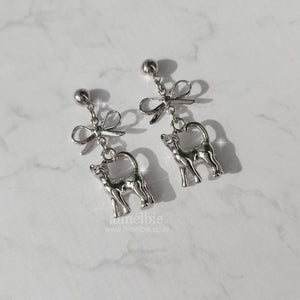 Kitty and Bow Earrings - Silver Color