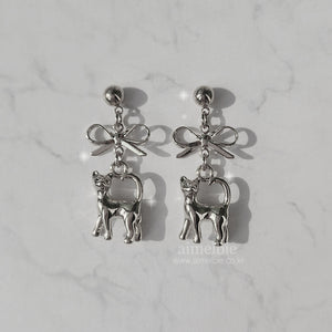 Kitty and Bow Earrings - Silver Color