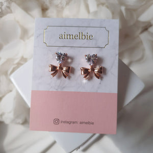 [Chuu Earrings] Heart Crystal and Ribbon Earrings - Rosegold