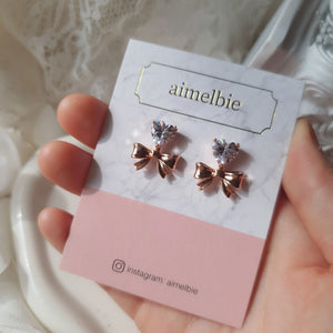 [Chuu Earrings] Heart Crystal and Ribbon Earrings - Rosegold