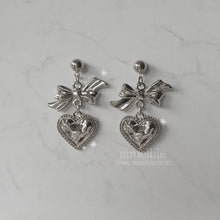 Load image into Gallery viewer, Silver laced heart and bow earrings