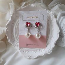 Load image into Gallery viewer, [IU Earrings] Heart Crystal and Pearl Earrings - Rosepink