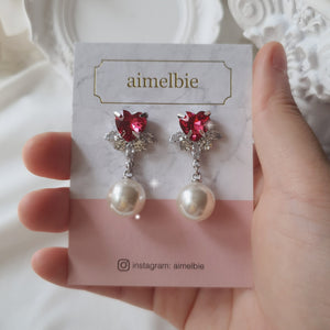 [IU Earrings] Heart Crystal and Pearl Earrings - Rosepink