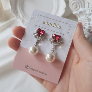 [IU Earrings] Heart Crystal and Pearl Earrings - Rosepink