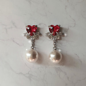 [IU Earrings] Heart Crystal and Pearl Earrings - Rosepink