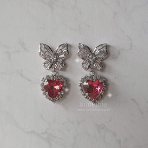 Butterfly and Crystal Heart Earrings - Rosepink