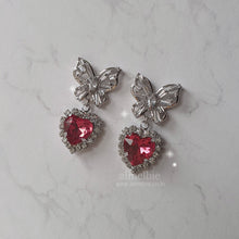 Load image into Gallery viewer, Butterfly and Crystal Heart Earrings - Rosepink