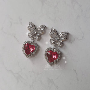 Butterfly and Crystal Heart Earrings - Rosepink