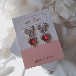 Butterfly and Crystal Heart Earrings - Rosepink