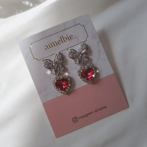 Butterfly and Crystal Heart Earrings - Rosepink