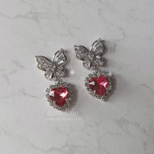 Load image into Gallery viewer, Butterfly and Crystal Heart Earrings - Rosepink