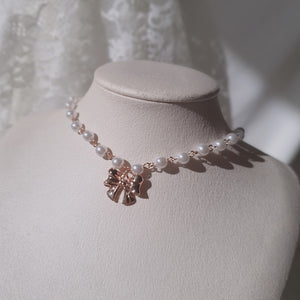 Adorable Ribbon Pearl Choker - Rosegold ver.