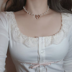 Adorable Ribbon Pearl Choker - Rosegold ver.