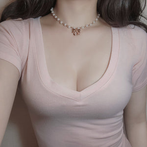 Adorable Ribbon Pearl Choker - Rosegold ver.