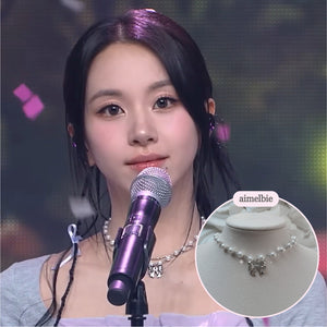 [TWICE Chaeyoung Necklace] Adorable Ribbon Pearl Choker - Silver ver.