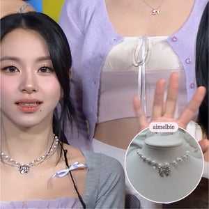 [TWICE Chaeyoung Necklace] Adorable Ribbon Pearl Choker - Silver ver.
