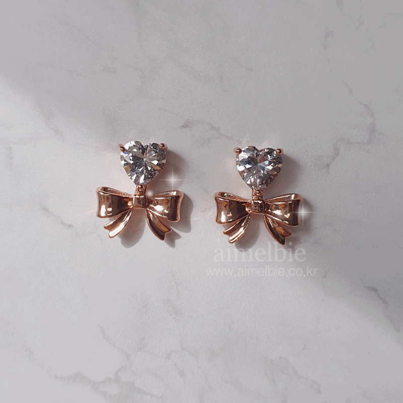 [Chuu Earrings] Heart Crystal and Ribbon Earrings - Rosegold