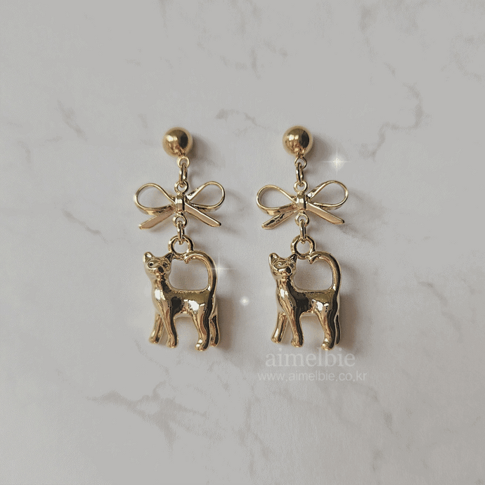 Kitty and Bow Earrings - Gold Color