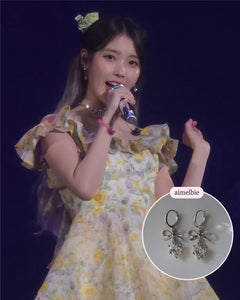 [IU Earrings] Dainty Heart Crystal and Ribbon Huggies Earrings - Silver Color