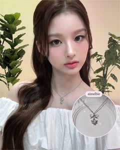 [NMIXX Sullyoon Necklace] Dainty Ribbon and Heart Semi Choker Necklace - Silver Color