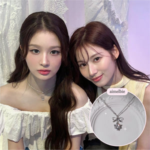[NMIXX Sullyoon Necklace] Dainty Ribbon and Heart Semi Choker Necklace - Silver Color