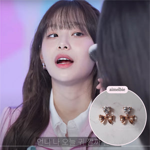 [Chuu Earrings] Heart Crystal and Ribbon Earrings - Rosegold