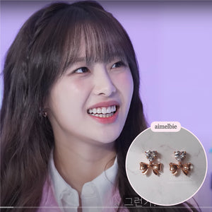 [Chuu Earrings] Heart Crystal and Ribbon Earrings - Rosegold