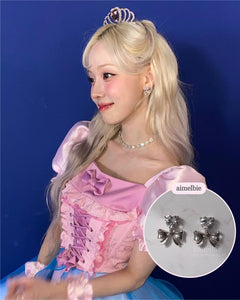 [Aespa Winter Earrings] Heart Crystal and Ribbon Earrings - Silver